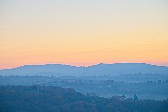 Sunrise and Fog Umbria Tuscany Italy January