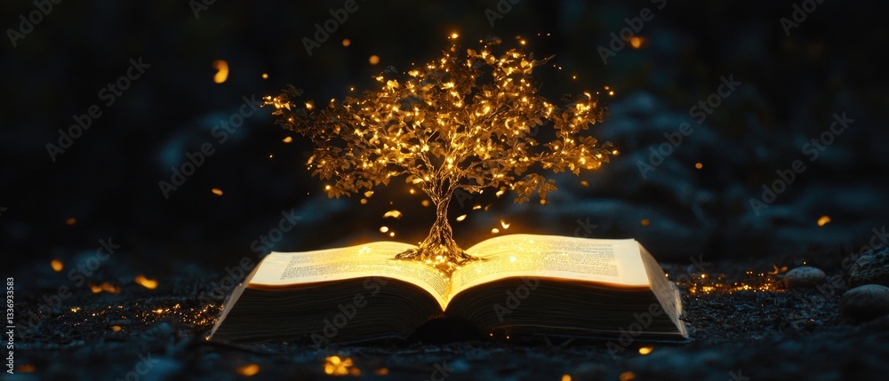 Aufkleber an old-fashioned open book with a small tree growing out of its cover