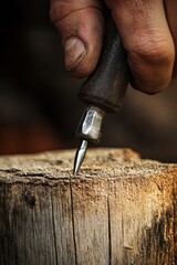 A person uses a knife to cut a piece of wood, possibly for crafting or DIY project