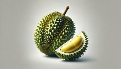 a durian, featuring its spiky outer shell and creamy golden-yellow flesh, isolated on a white background.