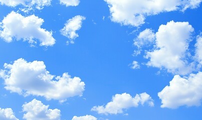 Obraz premium Fluffy white clouds drift across a bright blue sky, creating a calming and serene atmospheric scene