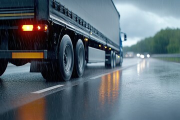 A truck driving on a wet highway during heavy rain, with tail lights reflecting on the road surface.