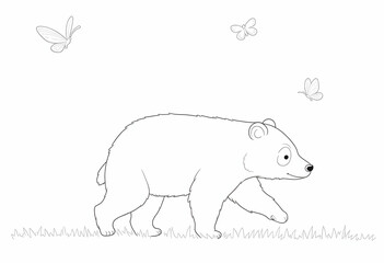 hand drawn Cute Cartoon Polar Bear Cub in a Meadow with  Adorable panda bear Field of Butterflies at Sunset cute pandas waving paw lying bamboo tree Beautiful 