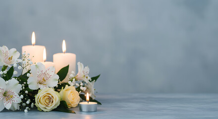 Tranquil condolence background with lit candles and delicate white flowers, symbolizing remembrance and peaceful farewells at funerals.