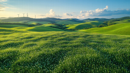 Fototapeta premium serene landscape featuring rolling green hills, wind turbines, and clear blue sky. lush grass and gentle slopes create peaceful atmosphere, ideal for nature lovers