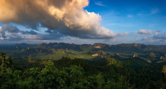 Doi Tapang viewpoint overlooks the Khao Thalu mountain range in Chumphon Province, southern Thailand.