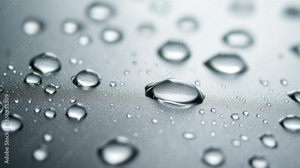 Poster Intricate water droplets settle on a sleek gray surface, reflecting light and creating a mesmerizing interplay of shapes. This moment captures nature's artistry in a serene setting