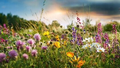 Wildflower field filled with blooming herbs and vibrant plants in spring or summer. Beautiful nature
