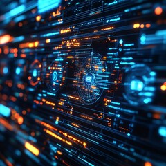 Naklejka premium A futuristic high-tech dashboard with glowing data visualizations, analytics, and interactive charts. Ideal for cyber technology, AI interfaces, big data, and sci-fi UI design concepts