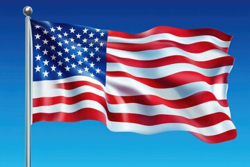 Fototapeta premium A waving American flag against a clear blue sky