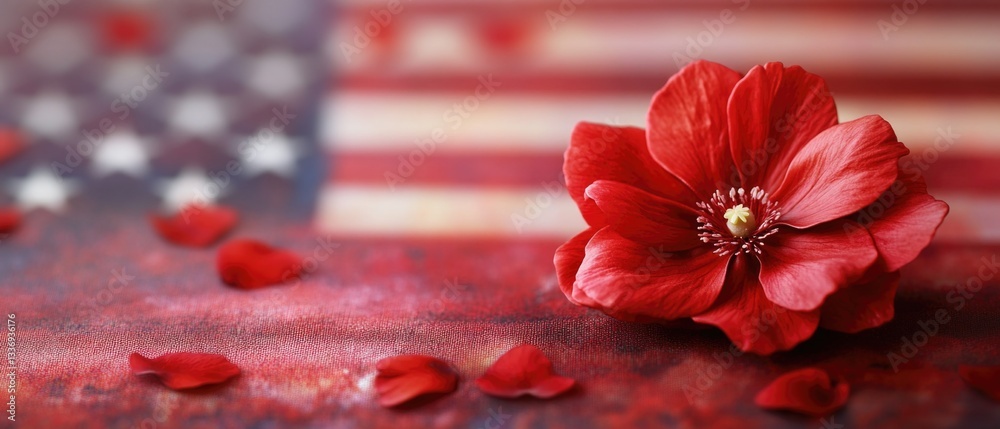 Poster a single red flower sits on a table, ready to be admired