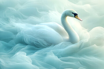 Obraz premium Serene white swan gliding gracefully through soft, misty water with ethereal blue tones in the background