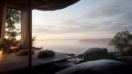 Tranquil riverside deck at dawn, meditation space