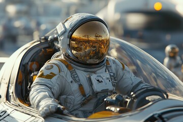 Fototapeta premium Astronaut sitting in a car, wearing a space suit and helmet