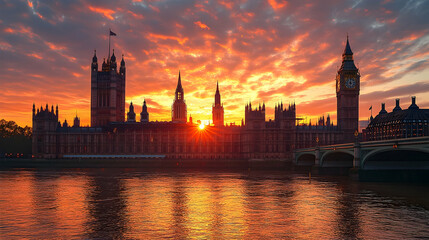 Fototapeta premium Stunning sunset over the Houses of Parliament in London, with the River Thames reflecting vibrant colors