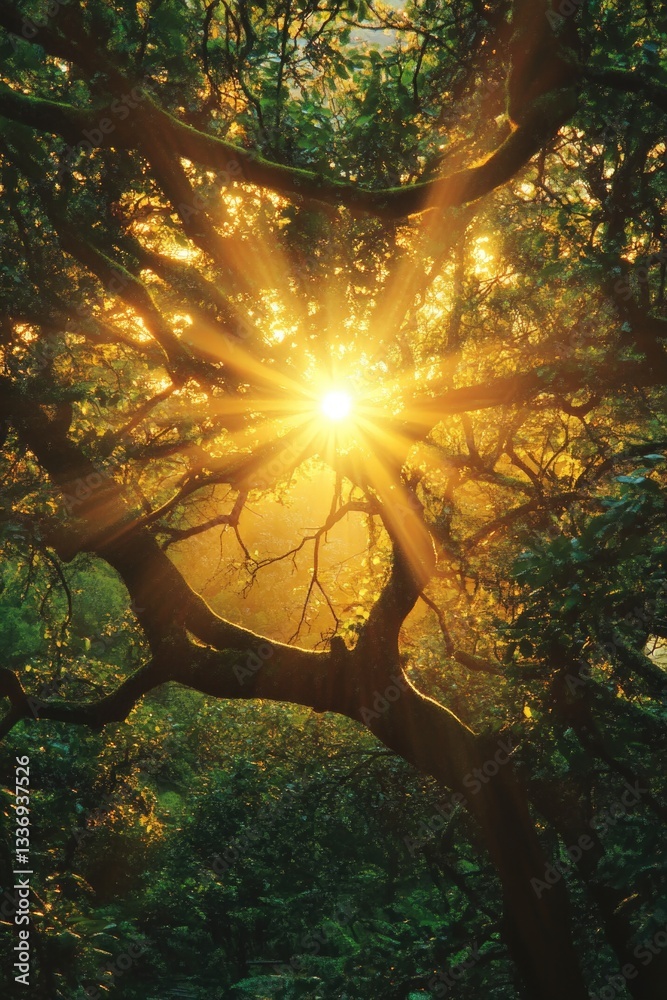 Poster a tree's branches lit up by the warm sunlight, with dappled light and shadow