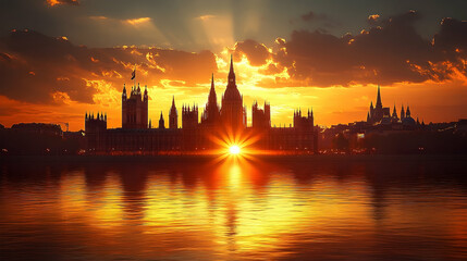 Fototapeta premium Stunning sunset over the iconic skyline featuring gothic architecture and reflection on water