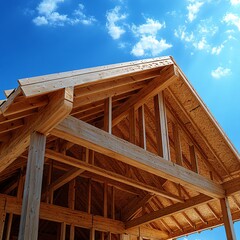 Fototapeta premium A high-detail image of a house under construction with wooden roof trusses being installed, bright blue sky