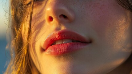 Close-up of lipstick application on woman’s lips, representing makeup tutorials, beauty styling, and cosmetic artistry, suitable for advertising, digital book style