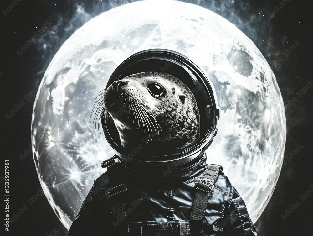Poster a seal in a space suit standing in front of a full moon, great for sci-fi or futuristic themed proje