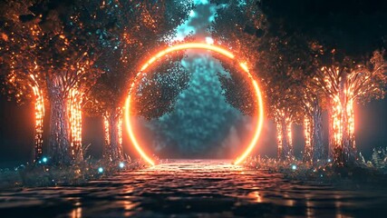 Mystical forest with a glowing portal, cinematic scene and enchanting atmosphere