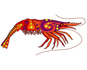 Shrimp - vector linear full color illustration. Ocean crustacean - colorful shrimp with patterns. Template for stained glass, batik or coloring. The sea animal is a vivid picture.	