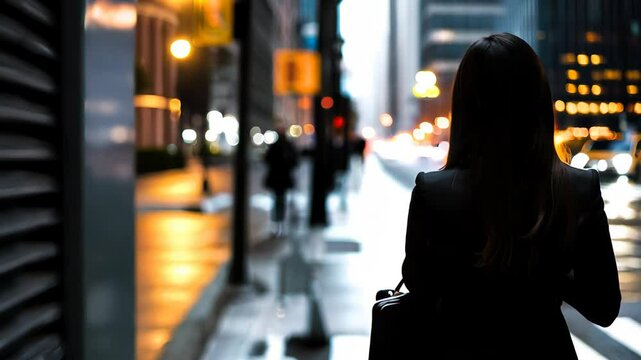 A woman in professional attire walks alone down an urban street at night, highlighted by city lights and reflections, evoking a sense of confidence and solitude.