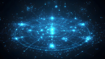 Obraz premium Bright Blue Cosmic Network With Glowing Stars and Circular Patterns Creating a Stunning Visual Representation of the Universe and Its Interconnectedness