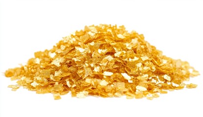 Pile of golden, crispy flakes.  Small, irregular pieces of a light yellow-gold color.  A close-up view, isolated on white background