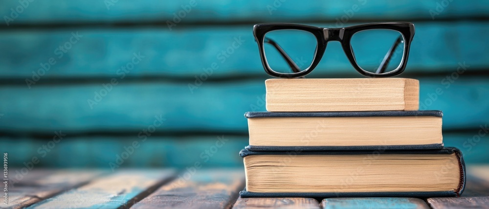 Poster a stack of books with glasses placed on top, a symbol of knowledge and learning