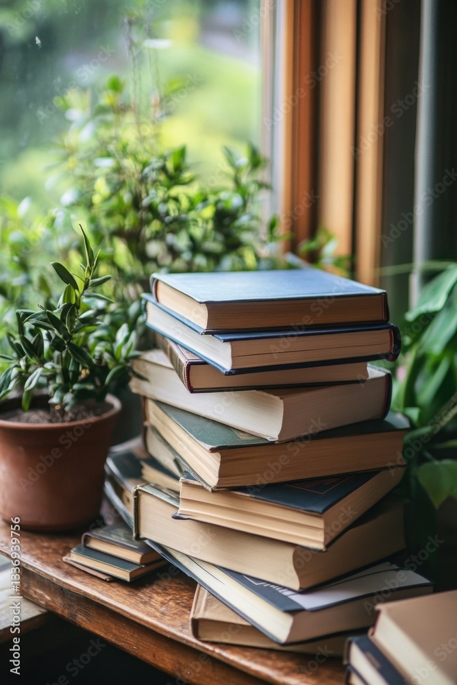 Poster A stack of books sits on a wooden table, perfect for displaying favorite reads or adding a touch of warmth to any room