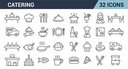 Catering Line Editable Icons Set. Includes Restaurant, Buffet, Food Truck, Kitchen, Dishes, Food Service, and More. Vector Illustration.
