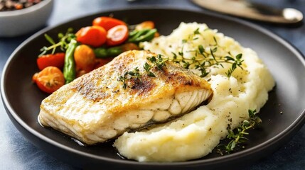 A beautifully plated dish of seared fish with mashed potatoes and a side of vegetables