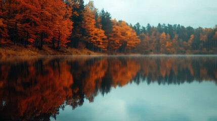Fototapeta premium serene lake reflects vibrant autumn foliage, creating peaceful and picturesque scene. calm water enhances beauty of colorful