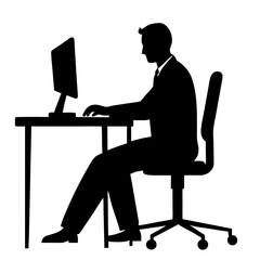 vector silhouette illustration of a businessman sitting on an office chair at a table, working on a computer 