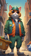 Cool cat garbage collector picking up trash in back alley.