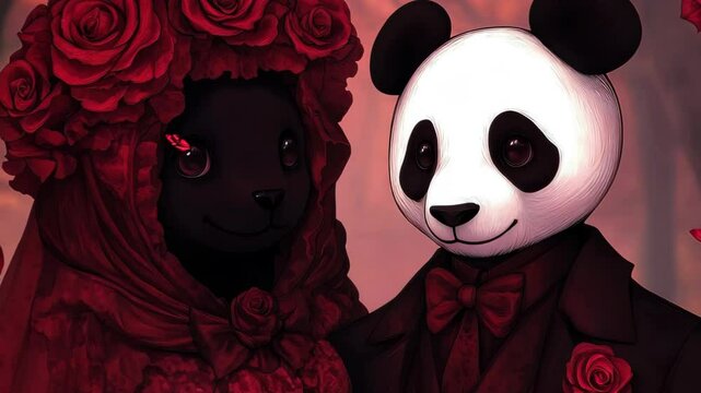 An artistic depiction of a romantic panda couple in elegant wedding attire, surrounded by lush roses, capturing love, joy, and unique fantasy elements in a whimsical setting.