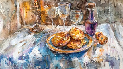 Golden brown baked treats rest on a decorative plate, accompanied by elegant glassware filled with a light drink, creating a warm and inviting atmosphere for friends and family to enjoy