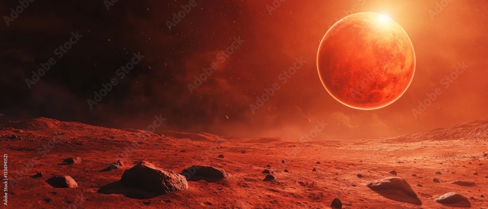 Poster a distant red planet with rocky terrain in the foreground, ideal for sci-fi or space-themed projects