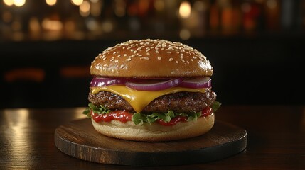 Delicious cheeseburger on a wooden board, ready to eat.  Freshly prepared with juicy beef patty, melted cheese, crispy bun, sliced red onion, and lettuce. Served in a dimly lit bar setting
