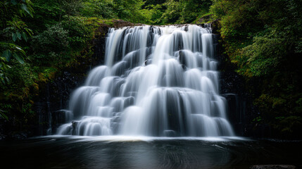 Obraz premium powerful, majestic waterfall cascades down rocky cliffs, surrounded by lush greenery and vibrant foliage, creating serene