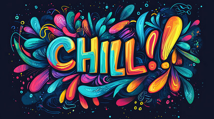 A smooth and colorful CHILL typography in a dynamic sticker-style design, featuring artistic splashes and neon effects against a dark background for a relaxed yet vibrant feel.