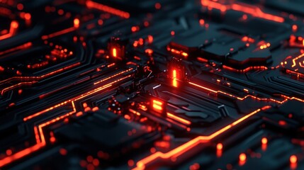 Abstract Circuit Board: Glowing Red Lines and Dark Technology