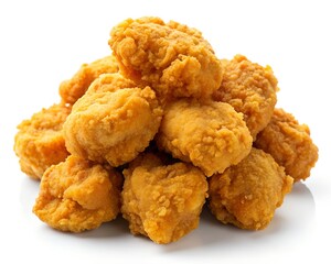 Crispy Golden Chicken Nuggets with a Crunchy Coating and Tender, Juicy Interior on White Background