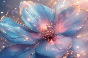 A mesmerizing, ethereal flower with translucent, light blue petals, illuminated by soft golden accents and hints of pink.  Delicate, flowing textures evoke a sense of magic and wonder