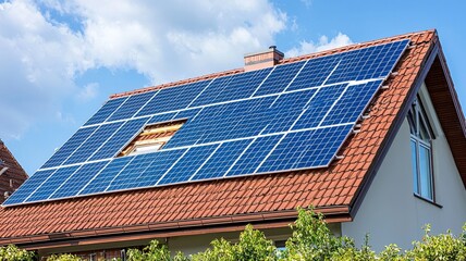 Fototapeta premium Workers install solar panels on a roof while insulating the house below. A complete energy-efficient home renovation, combining renewable power and thermal savings.