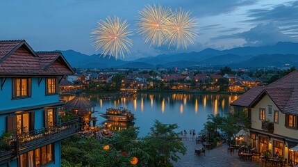 Obraz premium Night scene of a lakeside town with fireworks over mountains