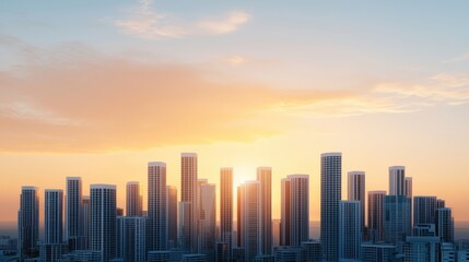 Fototapeta premium City skyline at sunset with modern buildings silhouetted against a colorful sky.