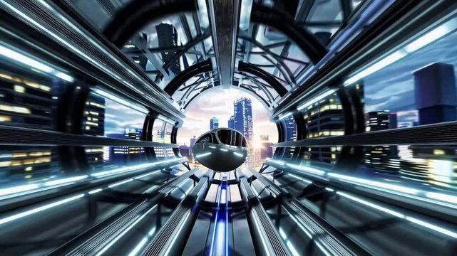 Futuristic Hyperloop Ride in a High-Speed Transportation System with Modern Architecture Elements
