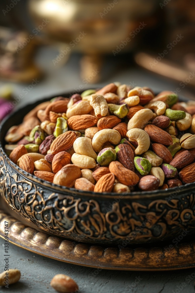 Poster a bowl filled with nuts placed on a table for snacking or decoration